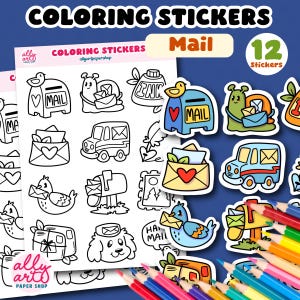 May include: A sheet of coloring stickers featuring mail-themed illustrations including a mailbox, snail, ink bottle, envelope, delivery truck, bird, and dog. The sheet includes black and white line art designs alongside several pre-colored stickers.