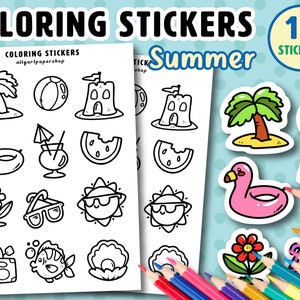 Hoja de pegatinas para colorear - Pegatinas para colorear de verano - Pegatinas para colorear