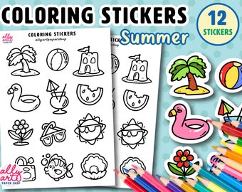 Summer Coloring Stickers - Cute Sticker Sheet - Planners Calendars Journals Stationary