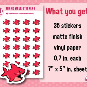 May include: A sheet of 35 red shark stickers with a matte finish. The stickers are 0.7 inches each and are printed on vinyl paper. The sheet measures 7 inches by 5 inches.