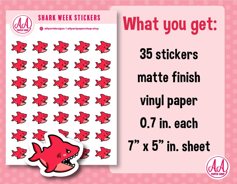 May include: A sheet of 35 red shark stickers with a matte finish. The stickers are 0.7 inches each and are printed on vinyl paper. The sheet measures 7 inches by 5 inches.