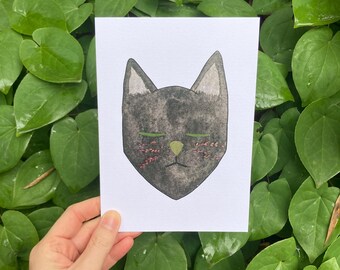 Flower Eye Black Cat Art Card | Frameable Watercolor Print