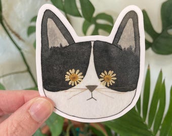 Tuxedo Cat Botanical Sticker | Flowers In Their Eyes Series | Watercolor & Pressed Flower Sticker