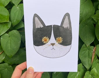 Tuxedo Cat Flower Eye Card | Frameable Art Print