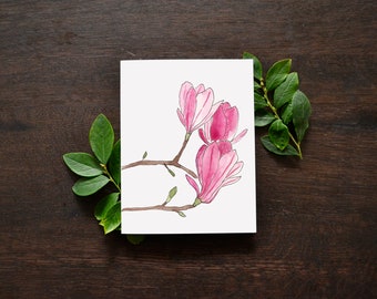 Magnolia Bloom Watercolor Greeting Card | Pink Magnolia Art Print Card | Magnolia Blossom Blank Valentine