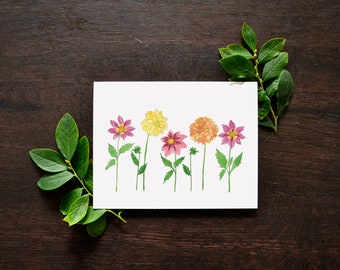 Dahlia Party Watercolor Greeting Card |Watercolor Dahlia Art Print Card | Blank Dahlia Flower Card