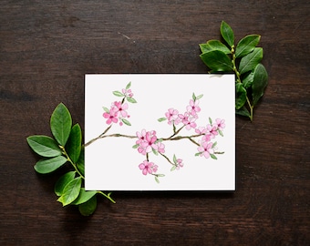 Cherry Blossom Flower Blank Greeting Card | Watercolor Cherry Blossom Card | Cherry Blossom Art