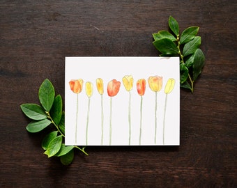 Tulips Watercolor Greeting Card | Yellow and Orange Tulips Art Card | Watercolor Tulips Blank Card