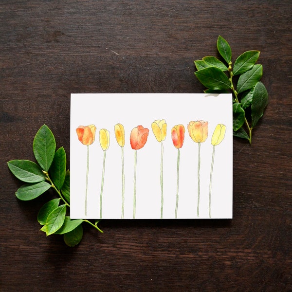 Tulips Watercolor Greeting Card | Yellow and Orange Tulips Art Card | Watercolor Tulips Blank Card