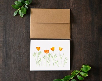 Orange California Poppies Watercolor Greeting Card| Watercolor Poppy Art Print Card | Blank Poppy Card