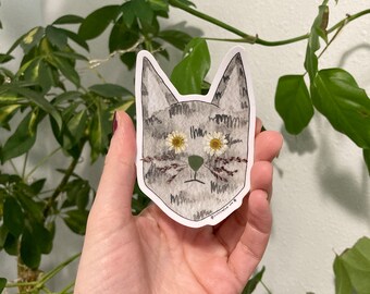 Gray Cat Botanical Sticker | Flowers In Their Eyes Series | Watercolor & Pressed Flower Sticker