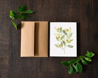 Leaves and Flowers Blank Greeting Card | Watercolor Botanical Card | Blank Nature Greeting Card