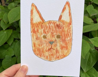Flower Eye Orange Cat Art Card | Frameable Watercolor Print (5x7)