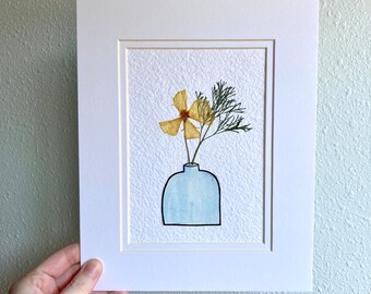 Blue Bud Vase With Real Pressed Poppy  | Pressed Flower Watercolor Bud Vase | Simple Botanical Decor