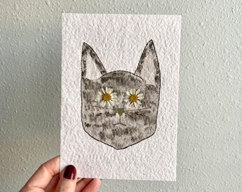 Gray Cat Watercolor & Pressed Flower Original Art | Hand Embellished With Real Flowers