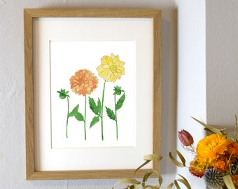 Orange Dahlia Watercolor Print | Dahlia Flower Botanical Decor | 8 x 10 Easy To Frame Wall Art