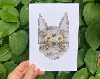 Flower Eye Gray Cat Art Card | Frameable Watercolor Print