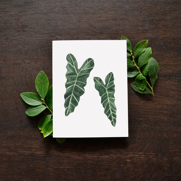 Alocasia Houseplant Blank Greeting Card | Watercolor Elephant Ear Leaf | Watercolor House Plant Art