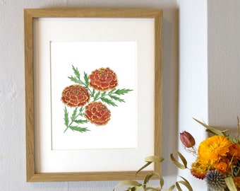 Marigold Watercolor Print | Red and Yellow Botanical Watercolor Print | Easy To Frame Wall Art