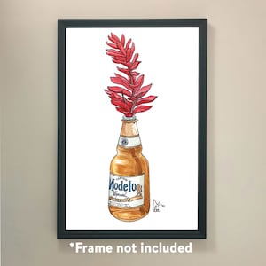 May include: A watercolour painting of a beer bottle with a red flower in the top. The beer bottle is a Modelo Especial. The painting is on a white background.