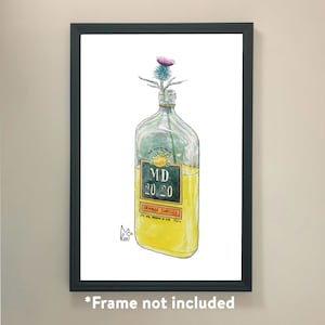 May include: A watercolor illustration of a bottle of MD 20/20 Orange Jubilee wine with a purple thistle flower in the top of the bottle.