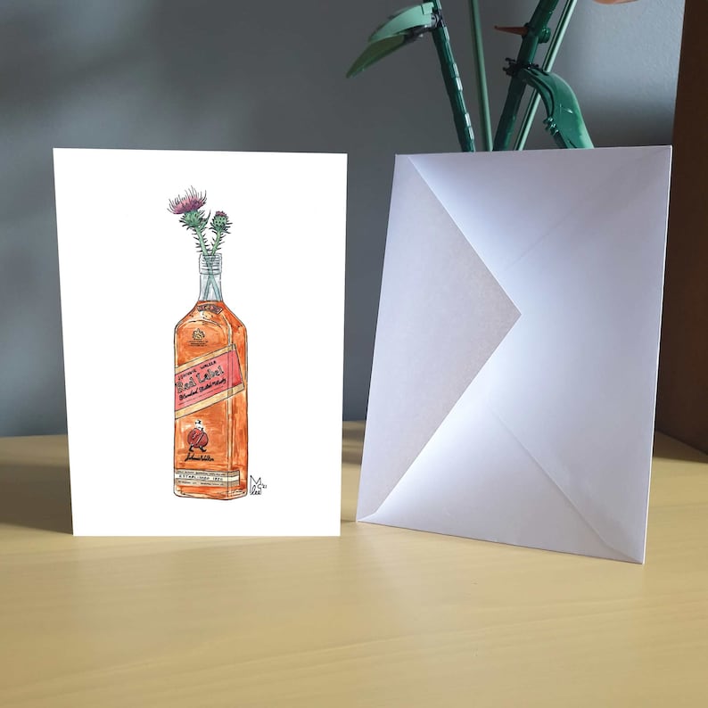 May include: A watercolor illustration of a bottle of Johnnie Walker Red Label Scotch Whisky with a thistle flower arrangement in the neck of the bottle.