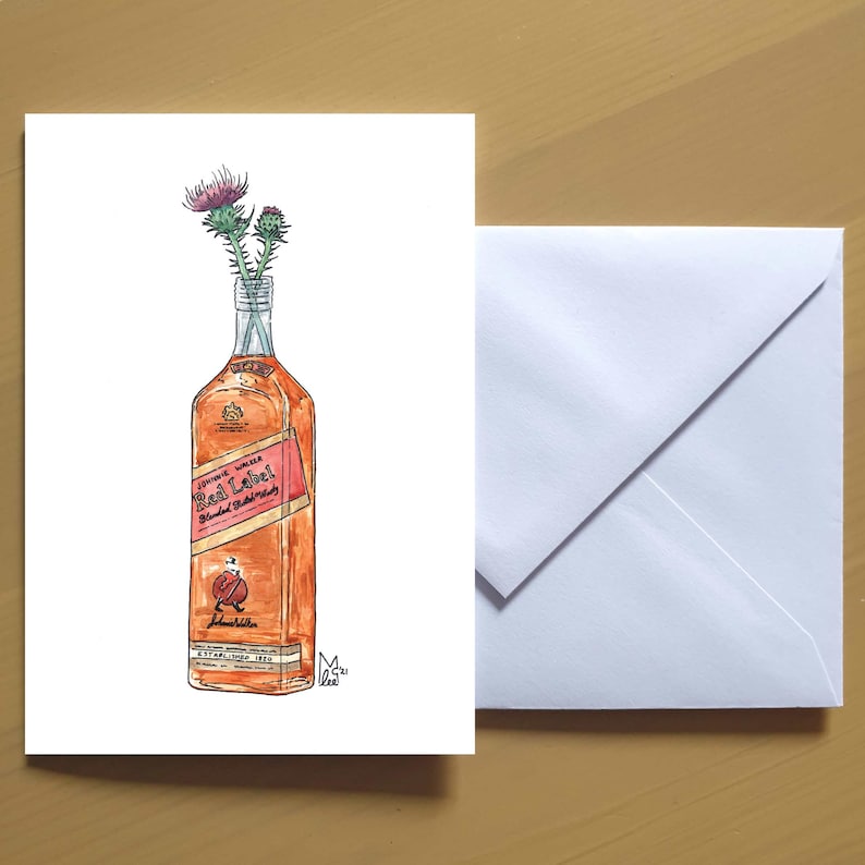 May include: A hand-drawn illustration of a bottle of Johnnie Walker Red Label Scotch Whisky with a bouquet of purple and green thistles in the neck of the bottle.
