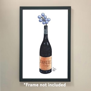 Puede incluir: Una pintura de acuarela de una botella de vino con un racimo de uvas en la parte superior. La botella está etiquetada con "ERATH" y "Oregon".