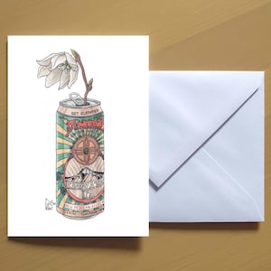 May include: A greeting card featuring a hand-drawn illustration of a can of "Cumbres" "Elevate IPA" New Mexican Beer with a white flower growing out of the top. The can is green, yellow, and orange with a mountain scene and the words "Get Elevated" printed on it.
