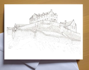 Puede incluir: Un dibujo en blanco y negro de un castillo en una colina. El castillo tiene una torre alta y una pared larga.