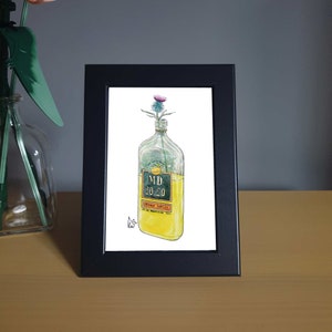 May include: A framed illustration of a clear glass bottle filled with a yellow liquid. The bottle has a label that reads "MD 20/20 Orange Jubilee". A purple and green thistle flower is growing out of the top of the bottle.