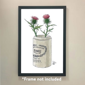 May include: A watercolor illustration of two pink thistle flowers in a vintage jar labeled "Dundee Marmalade" by "James Keiller & Son".