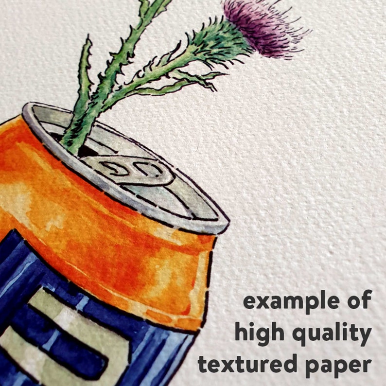 May include: Watercolor illustration of a thistle flower in an orange and blue can. The can is tilted, with the flower emerging from the opening. The image is on textured paper, with the text "example of high quality textured paper".