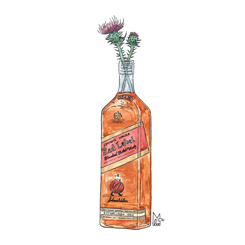 May include: A watercolor illustration of a bottle of Johnnie Walker Red Label Blended Scotch Whisky with a bouquet of purple and green thistles in the bottle's neck.