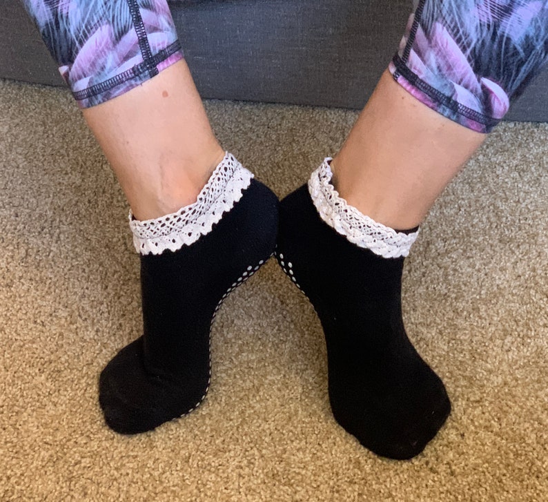 Crochet Ruffle Black Cotton Super Sticky Non-Slip Socks GRIPZ image 6