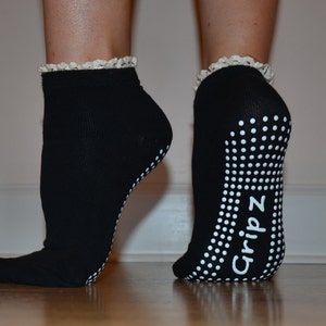 Crochet Ruffle Black Cotton Super Sticky Non-Slip Socks GRIPZ image 2