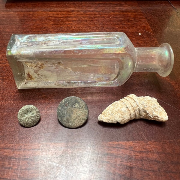 Dug Civil War Relics Flint Glass Medicine Bottle, 1-Piece Coat Button, Flower Cuff Button and a Partially Melted 3-Ring Rifle Bullet