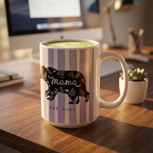 Mama Bear Est 2026 Mug, First Time Mom Gift, New Mom Coffee Cup, Baby Shower Gift for Mom to Be, First Mothers Day Mug, Striped Design