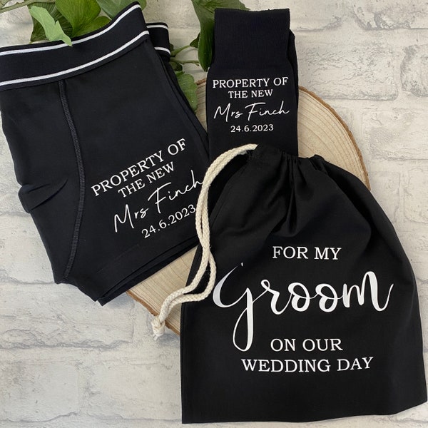 Groom Gift boxers and socks, Property of the new Mrs Groom boxers, Wedding Boxers, Personalised Groom Gift, Wedding Socks