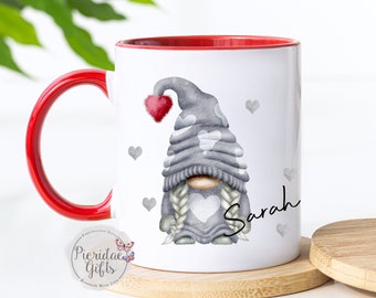 Personalised Valentine Grey Gnome Mug, Valentine Gnome, Valentine Gnome Gift, Gnome lover, male and female gnome