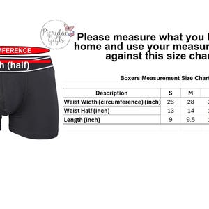 May include: Black boxer briefs with a white waistband featuring a size chart titled Boxers Measurement Size Chart. The chart lists waist width in circumference and half-width in inches, along with length in inches for sizes S through XXL.