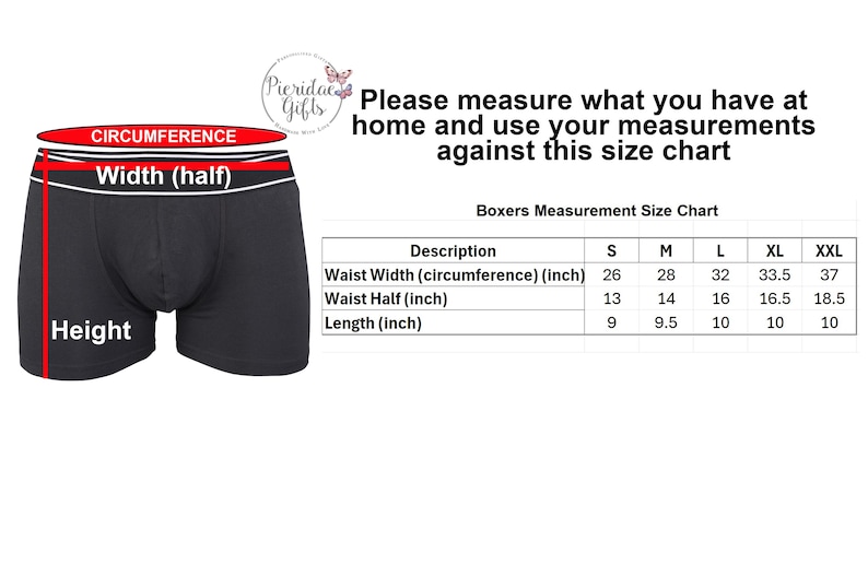 May include: Black boxer briefs with a white waistband featuring a size chart titled Boxers Measurement Size Chart. The chart lists waist width in circumference and half-width in inches, along with length in inches for sizes S through XXL.