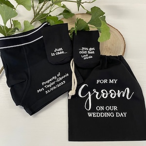 Groom gift boxers and socks, Cold feet socks, Wedding Boxers, Personalised Groom Gift, Property of the new Mrs