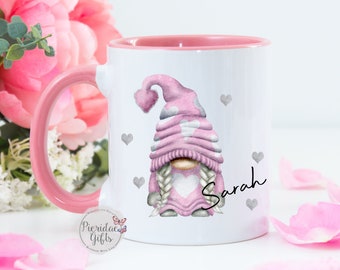 Personalised Valentine Pink Gnome Mug, Valentine Gnome, Valentine Gnome Gift, Gnome lover, male and female gnome