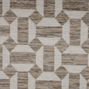 May include: A textile fabric featuring a repeating geometric pattern of taupe and white shapes. The design consists of alternating taupe rectangles and white linear borders that form interconnected octagonal and diamond-like motifs throughout.