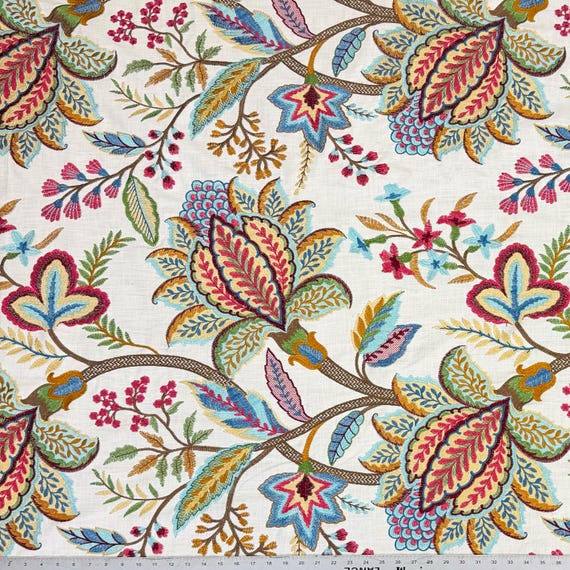 Penelope - Crewel Embroidery Drapery Window Curtains Fabric By The Yard - Top Fabric