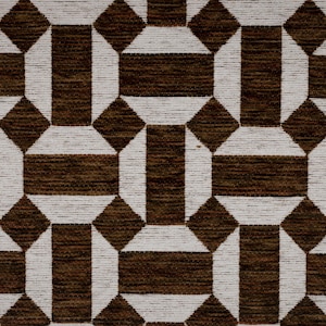 May include: A textile fabric featuring a repeating geometric pattern of dark brown rectangular shapes and white octagonal outlines. The surface has a visible woven texture with alternating horizontal and vertical lines creating a structured grid design.