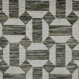 May include: A woven fabric featuring a geometric pattern of dark olive green and grey rectangular blocks interspersed with diamond shapes. The design is defined by crisp white horizontal lines that create a structured grid across the surface.