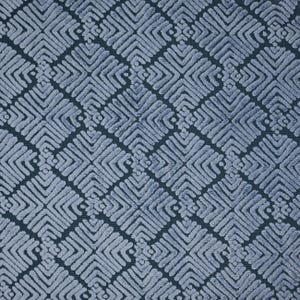 May include: A fabric textile featuring a repeating geometric pattern of light blue raised velvet-like diamonds set against a dark navy blue background. The design consists of interconnected square shapes formed by parallel lines and small dots.