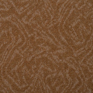 May include: A textured fabric in a solid medium brown color featuring a repeating woven pattern of swirling, organic shapes. The surface has a dense, nubby appearance with a consistent weave that creates subtle depth and light reflection.